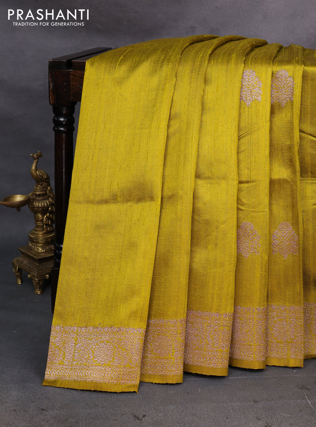 Lime Green Banarasi Raw Silk Saree - Buttas