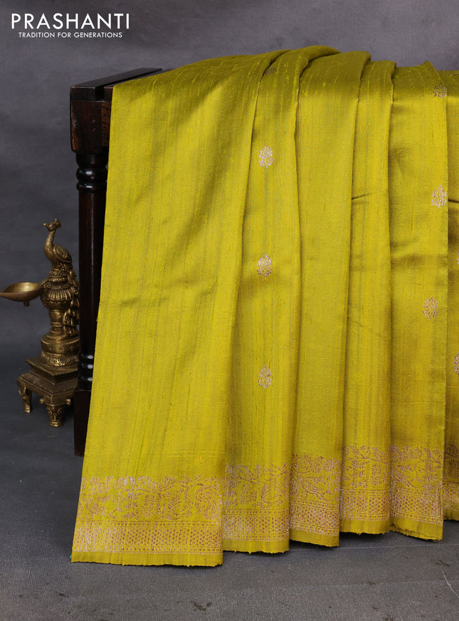 Lime Green & Green Banarasi Raw Silk Saree - Buttas