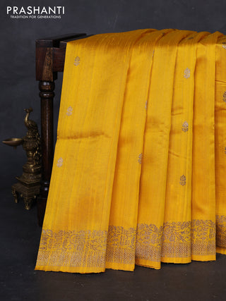 Yellow & Bottle Green Banarasi Raw Silk Saree - Buttas