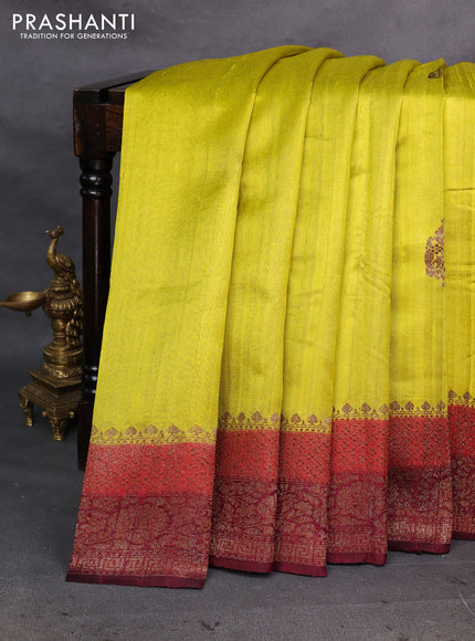 Lime Yellow & Maroon Banarasi Raw Silk Saree - Buttas