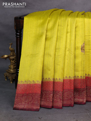 Lime Yellow & Maroon Banarasi Raw Silk Saree - Buttas