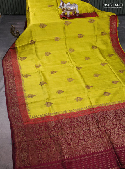 Lime Yellow & Maroon Banarasi Raw Silk Saree - Buttas