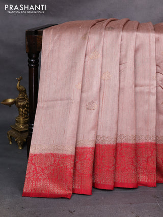 Pastel Peach & Red Banarasi Raw Silk Saree - Buttas