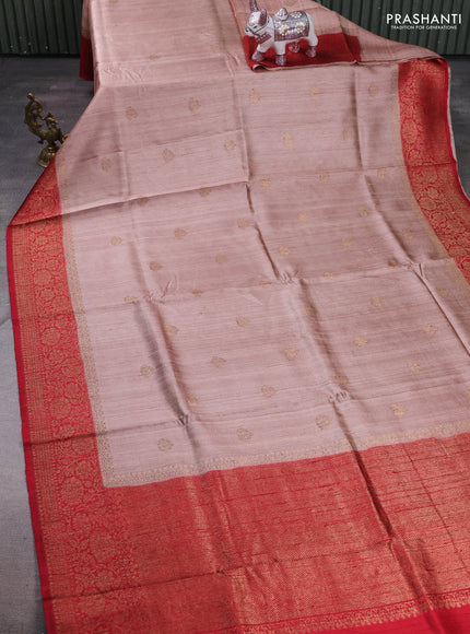 Pastel Peach & Red Banarasi Raw Silk Saree - Buttas