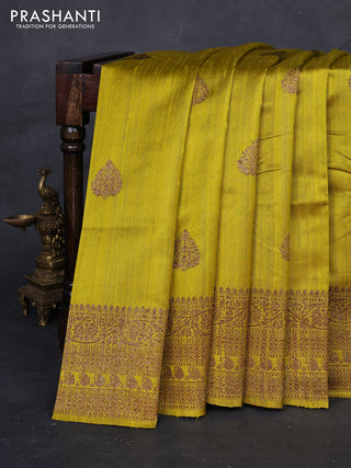 Lime Yellow & Pink Banarasi Raw Silk Saree - Buttas