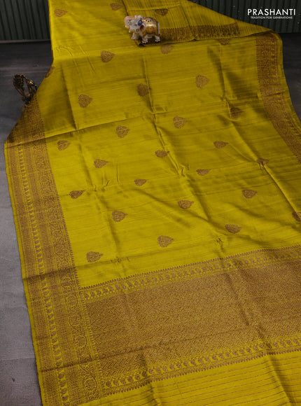 Lime Yellow & Pink Banarasi Raw Silk Saree - Buttas