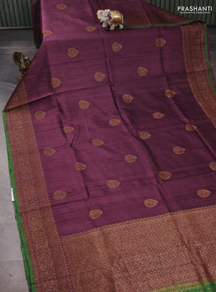 Wine  & Green Banarasi Raw Silk Saree - Buttas