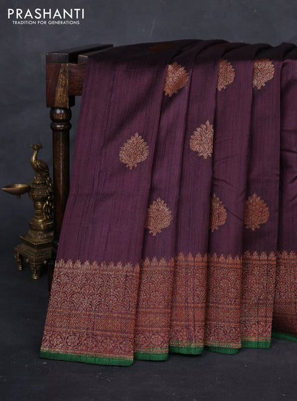 Wine  & Green Banarasi Raw Silk Saree - Buttas