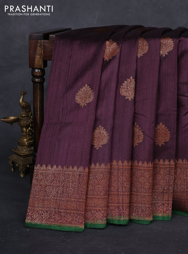 Wine  & Green Banarasi Raw Silk Saree - Buttas