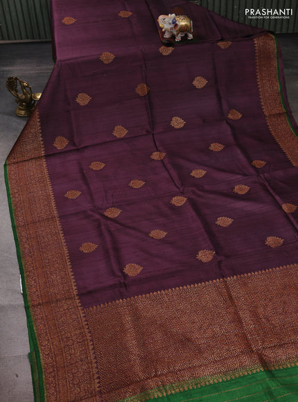 Wine  & Green Banarasi Raw Silk Saree - Buttas