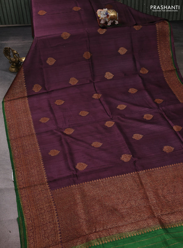 Wine  & Green Banarasi Raw Silk Saree - Buttas