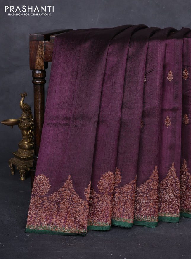 Wine  & Green Banarasi Raw Silk Saree - Buttas