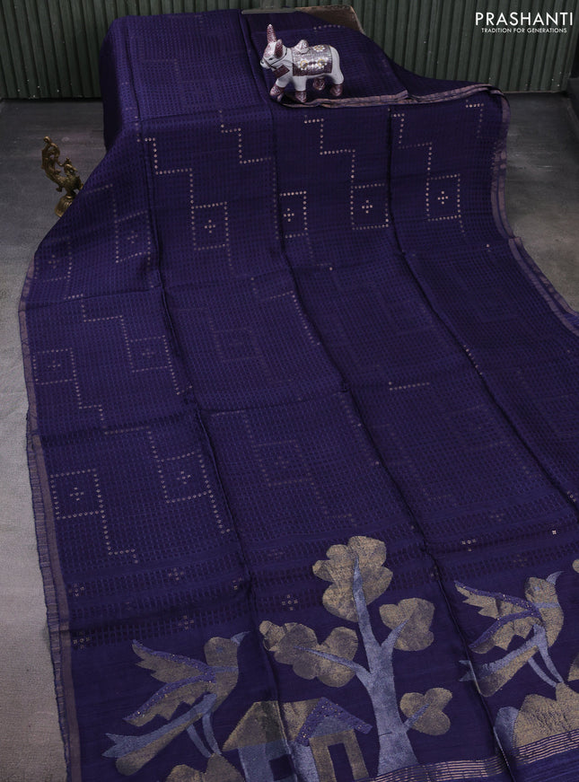 Navy Blue Matka Tussar Silk - Sequences