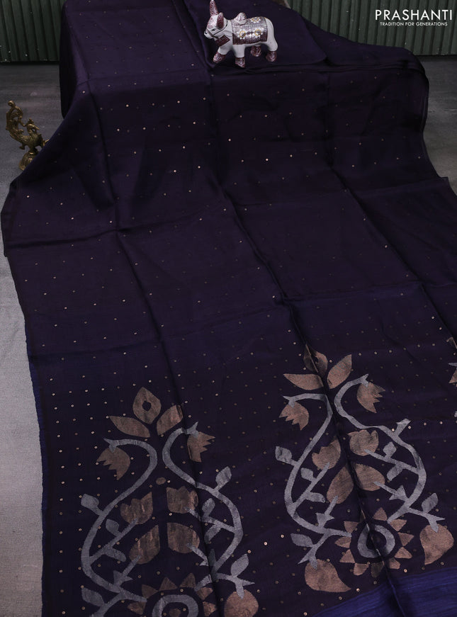 Jamun & Navy Blue Matka Tussar Silk - Sequences