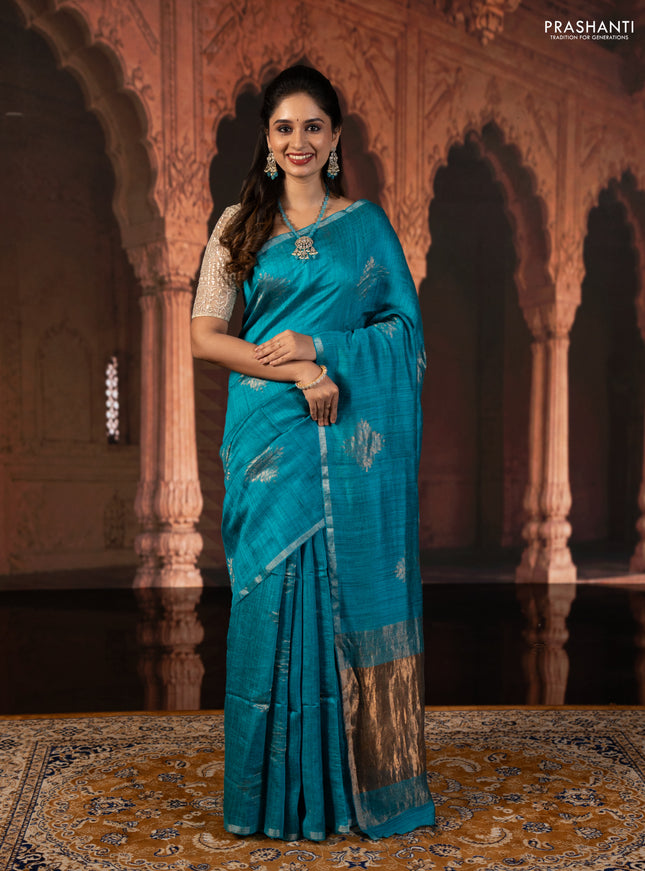Teal Blue Matka Tussar Silk - Buttas