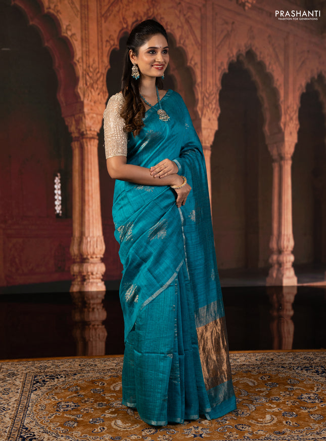Teal Blue Matka Tussar Silk - Buttas