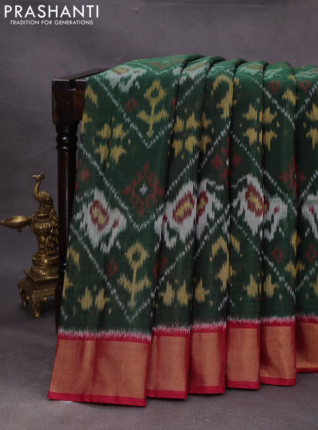 Green & Red Ikat Silk Cotton Saree