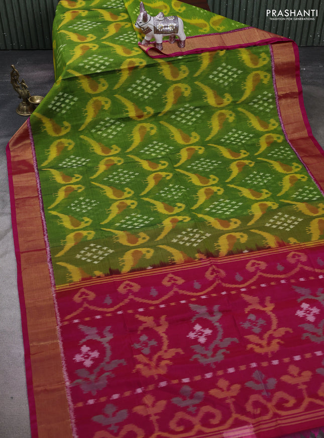Green & Pink Ikat Silk Cotton Saree