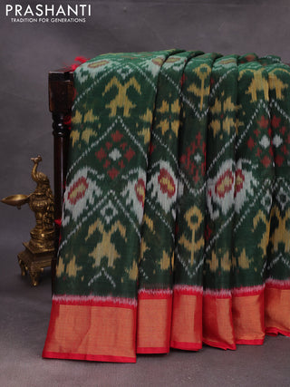 Green & Red Ikat Silk Cotton Saree