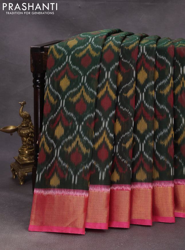 Green & Pink Ikat Silk Cotton Saree