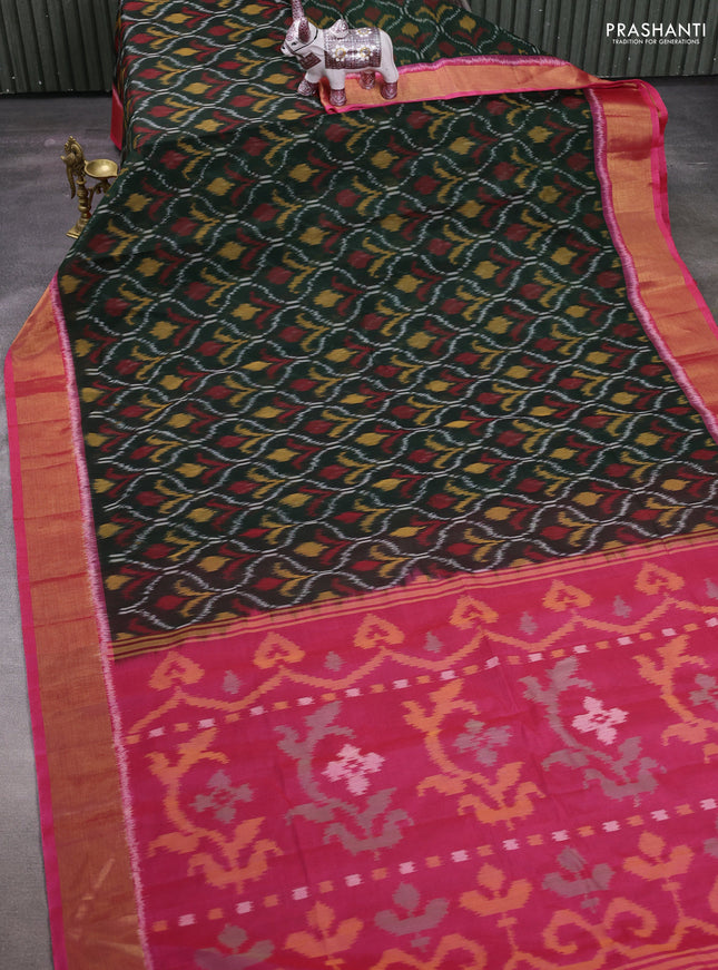 Green & Pink Ikat Silk Cotton Saree