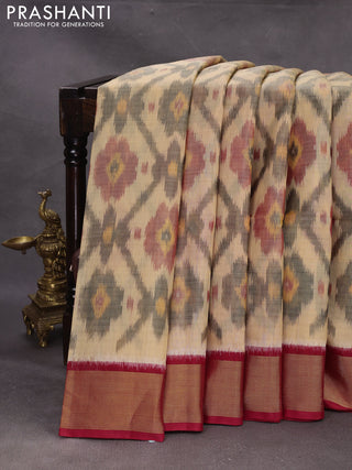 Peach  & Red Ikat Silk Cotton Saree