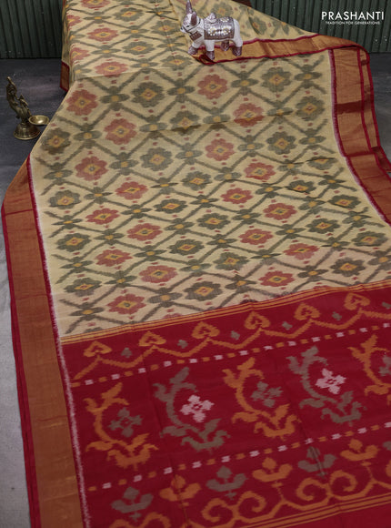 Peach  & Red Ikat Silk Cotton Saree