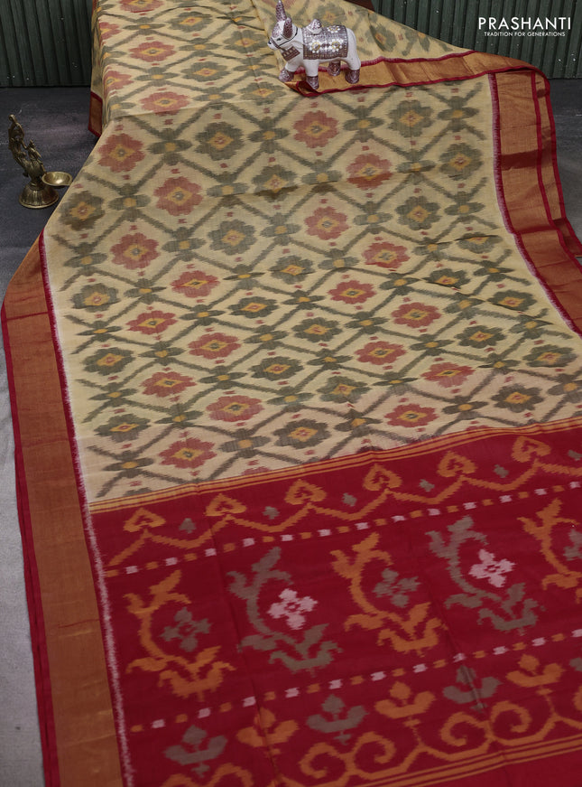 Peach  & Red Ikat Silk Cotton Saree