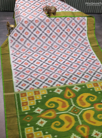 Off White & Green Ikat Silk Cotton Saree