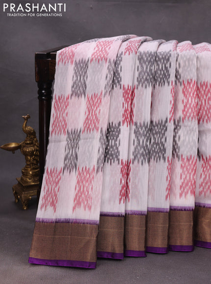 Off White & Purple Ikat Silk Cotton Saree