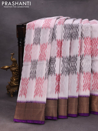 Off White & Purple Ikat Silk Cotton Saree