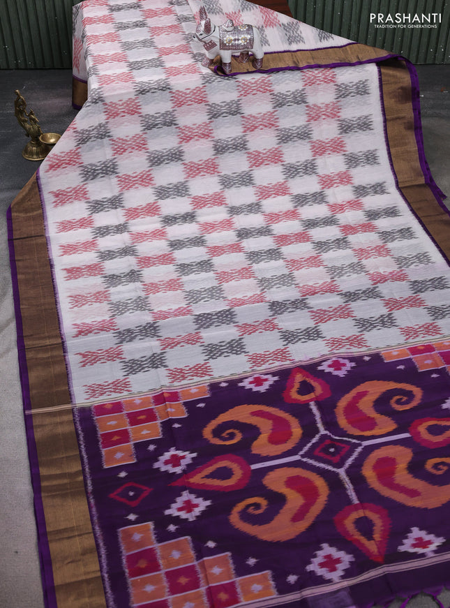Off White & Purple Ikat Silk Cotton Saree