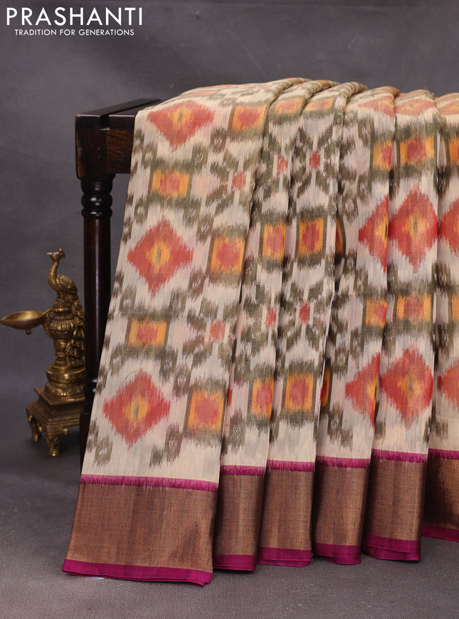 Beige & Magenta Pink Ikat Silk Cotton Saree