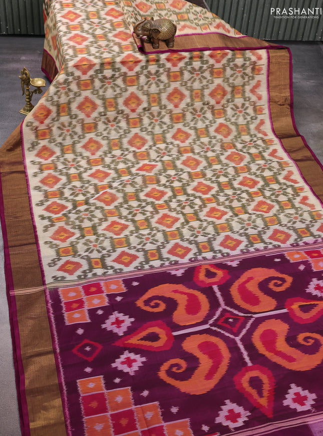 Beige & Magenta Pink Ikat Silk Cotton Saree