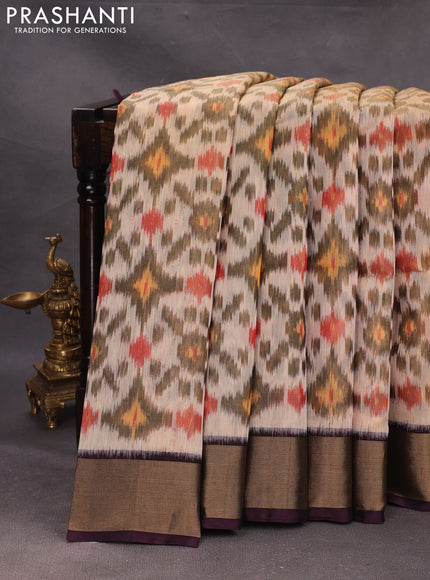 Beige & Coffee Brown Ikat Silk Cotton Saree