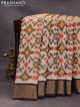 Beige & Coffee Brown Ikat Silk Cotton Saree