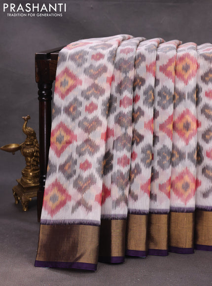 Off White & Violet Ikat Silk Cotton Saree