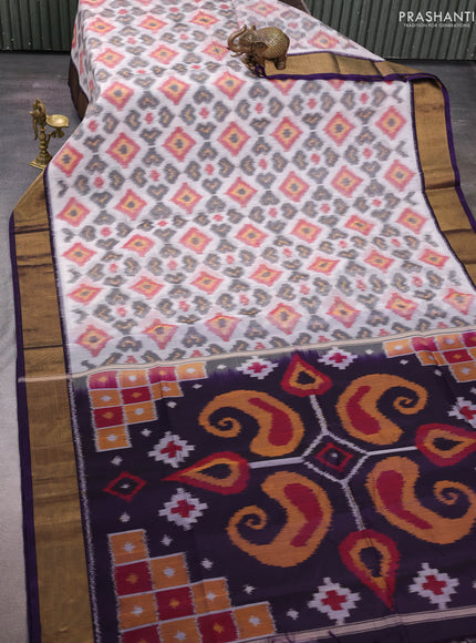 Off White & Violet Ikat Silk Cotton Saree