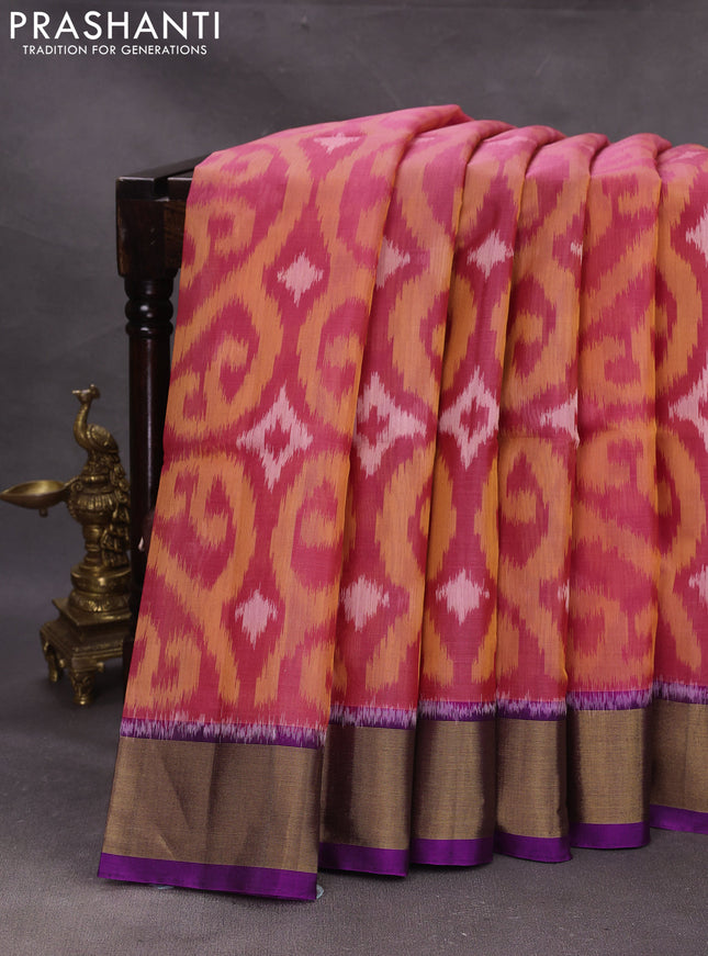 Orange & Purple Ikat Silk Cotton Saree