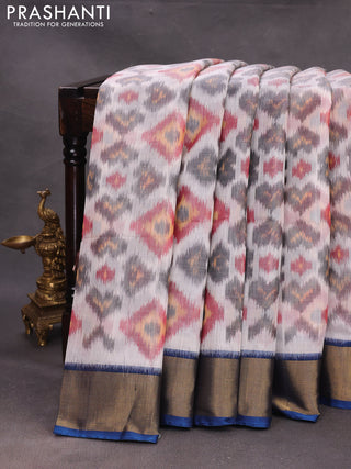 Off White & Peacock Blue Ikat Silk Cotton Saree