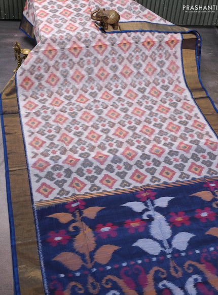 Off White & Peacock Blue Ikat Silk Cotton Saree