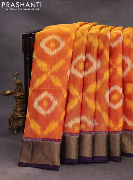 Mustard Yellow & Violet Ikat Silk Cotton Saree