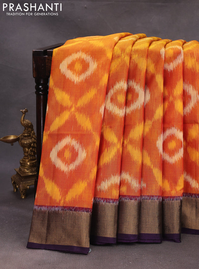 Mustard Yellow & Violet Ikat Silk Cotton Saree