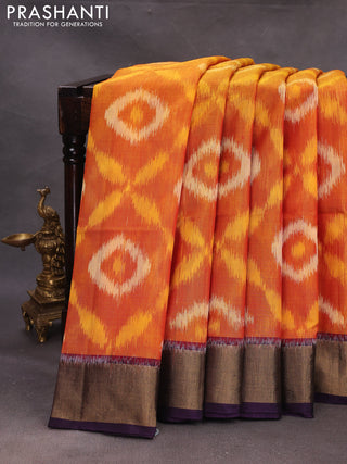 Mustard Yellow & Violet Ikat Silk Cotton Saree