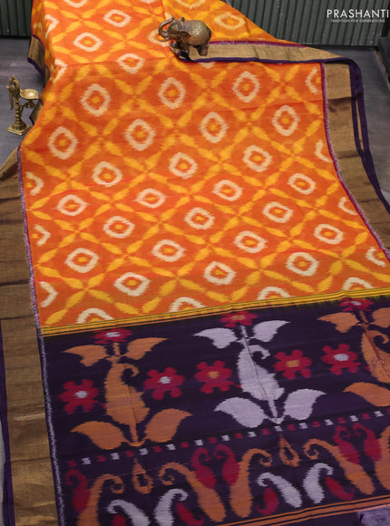 Mustard Yellow & Violet Ikat Silk Cotton Saree