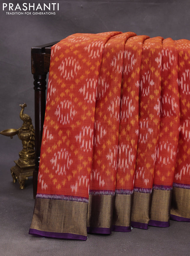 Orange & Violet Ikat Silk Cotton Saree