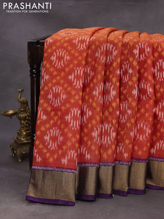Orange & Violet Ikat Silk Cotton Saree