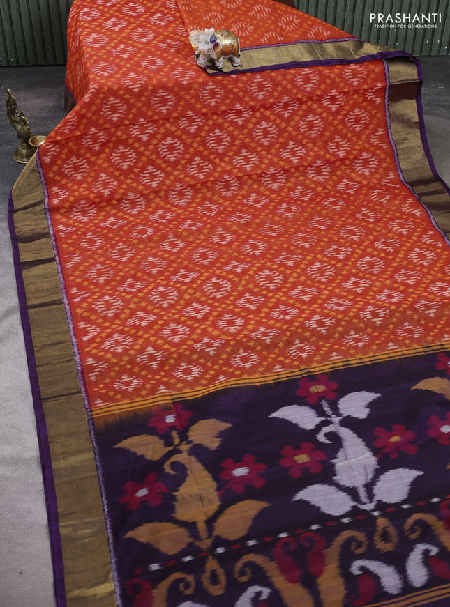 Orange & Violet Ikat Silk Cotton Saree