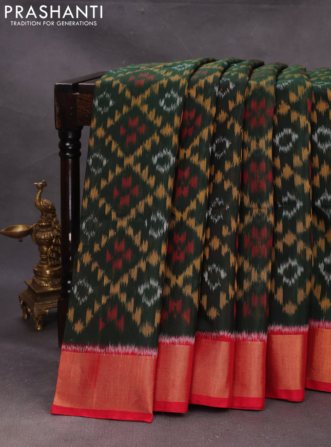 Green & Red Ikat Silk Cotton Saree