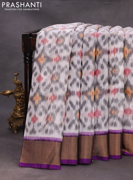 Off White & Purple Ikat Silk Cotton Saree